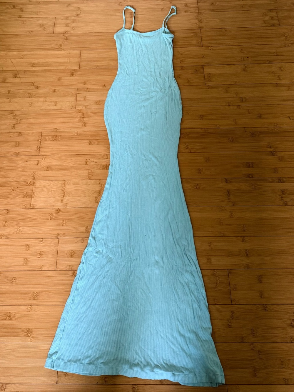Light Aqua Spaghetti-Strap Maxi Dress — Sleek Fitted Silhouette